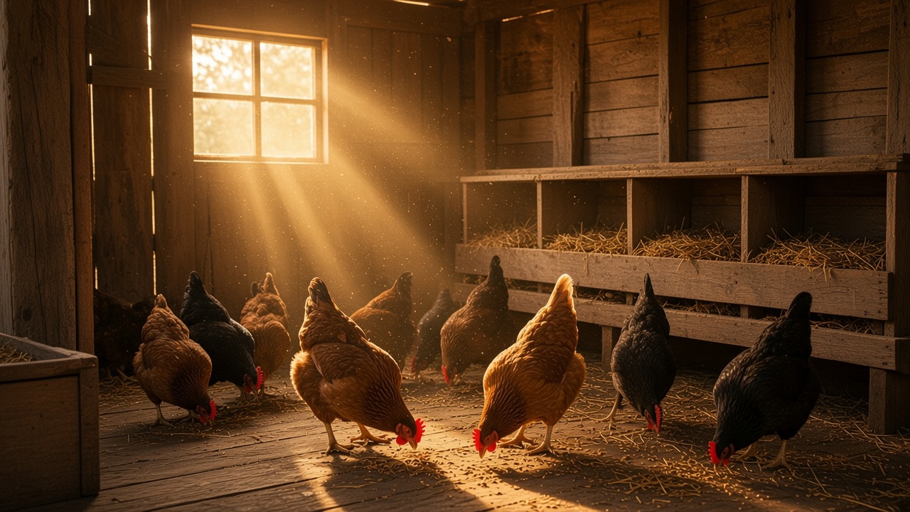 Hens in a rustic wooden chicken coop at sunrise