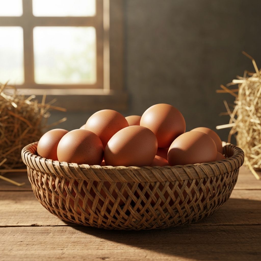 Fresh farm eggs in a rustic basket