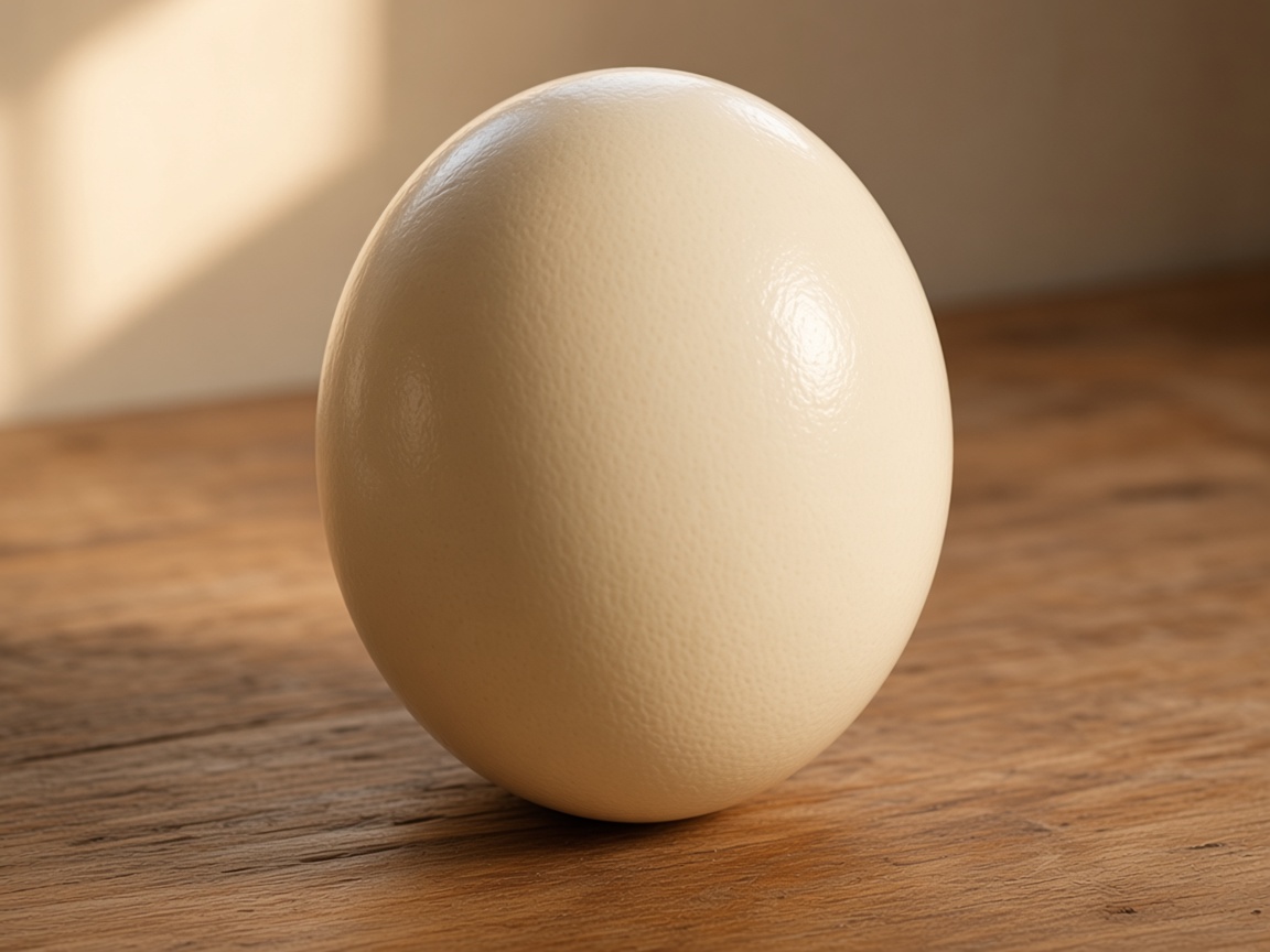 A single ostrich egg on a wooden table at The Egg Nest